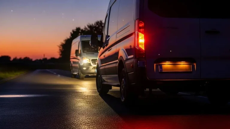 Commercial van with illuminated headlights and brake lights during dusk
