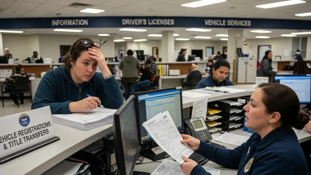 Person at DMV completing vehicle title transfer forms