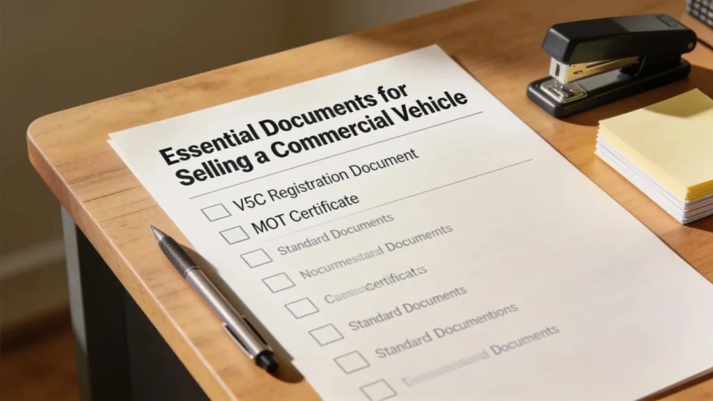 Checklist of essential documents for legally selling a commercial vehicle, including V5C and MOT details.