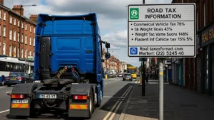 Commercial vehicle next to a road sign about road tax rules in the UK