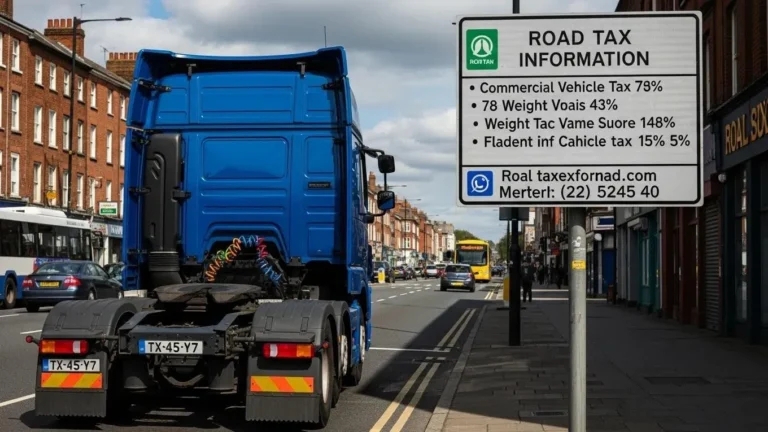 Commercial vehicle next to a road sign about road tax rules in the UK