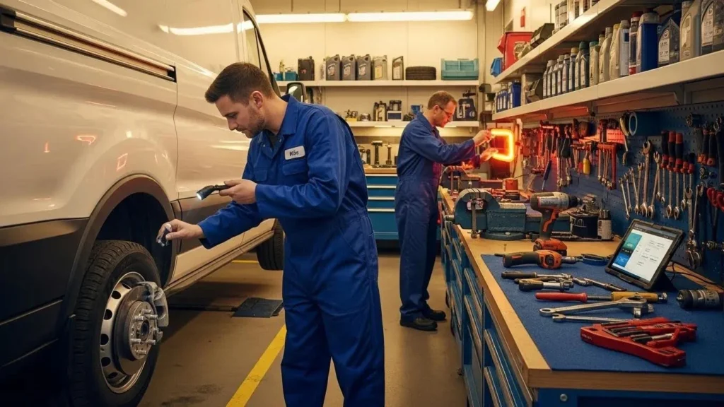 Mechanic inspecting a commercial van for MOT requirements in a garage setting