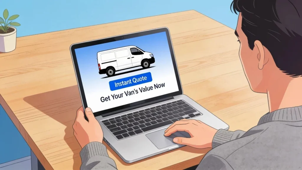 People engaging in a van sale in a lively marketplace emphasizing the selling process.