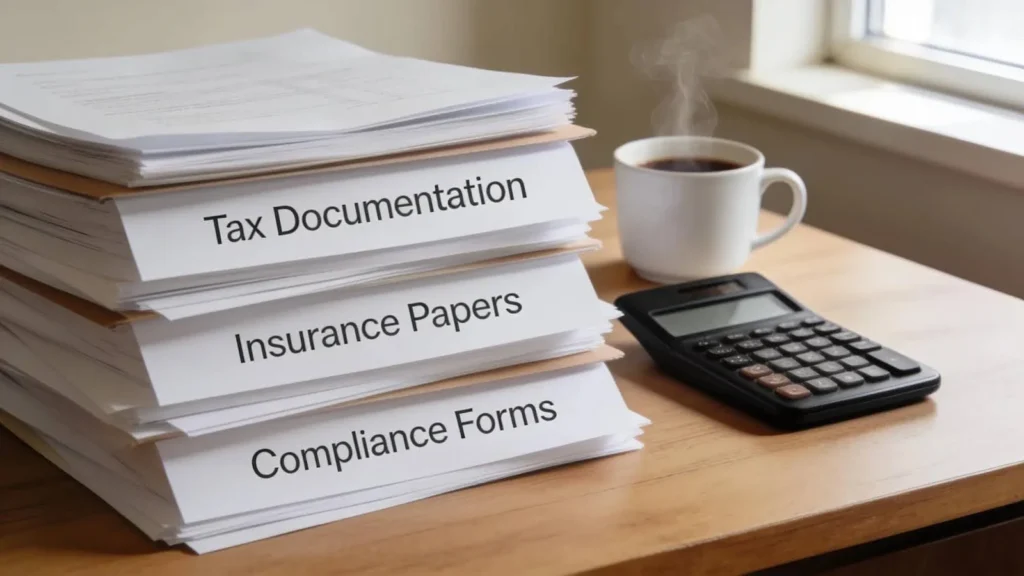 Stack of compliance documents for selling a commercial vehicle, showcasing tax and insurance paperwork.