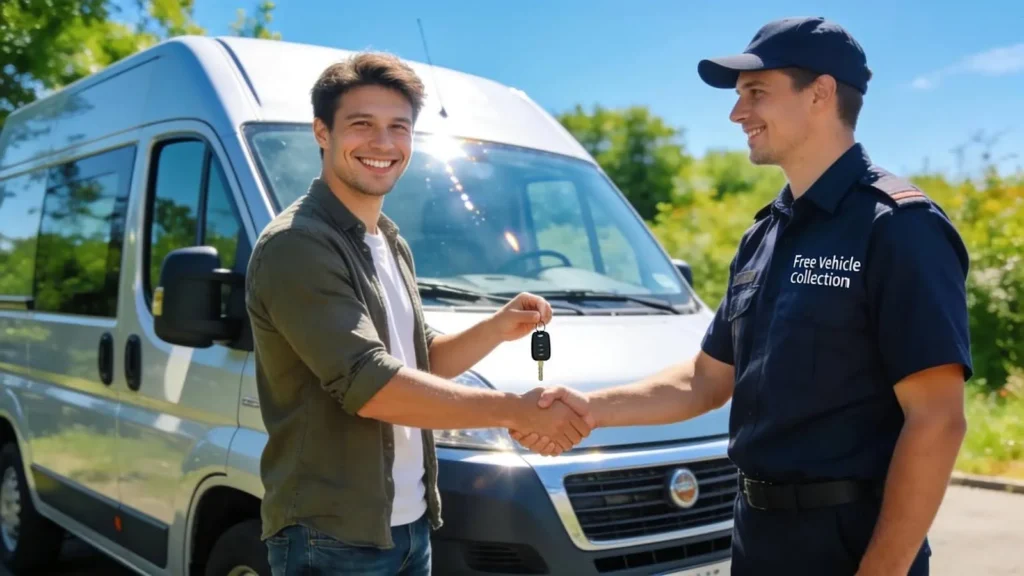 Van owner happily engaging with vehicle collection service, representing free collection process